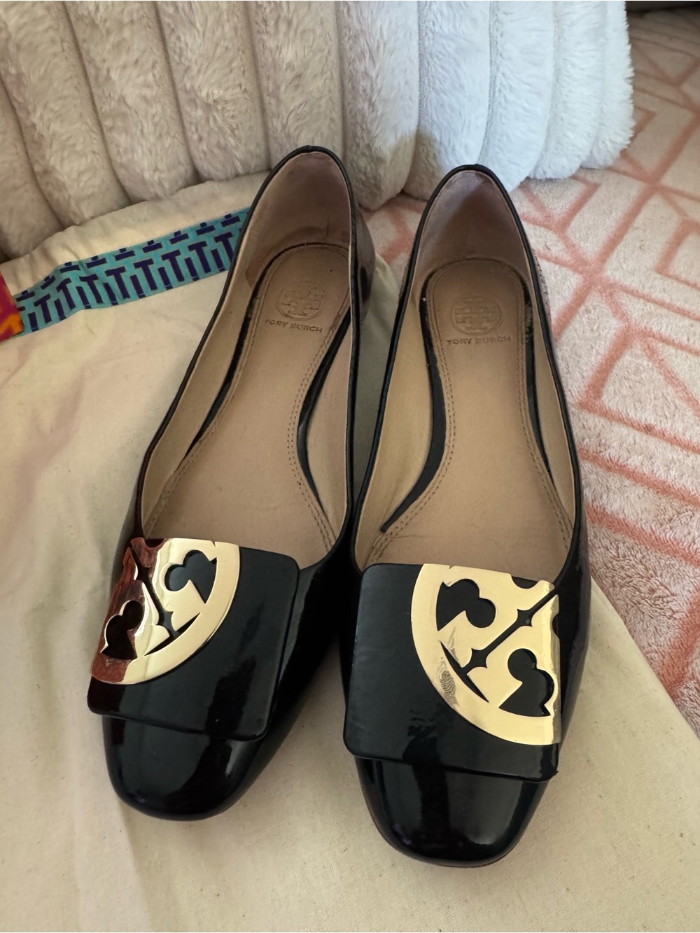 Tory Burch Black Patent Flats with Gold Logo Accent